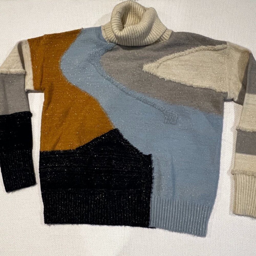 FRNCH Paris Textured Wool Blend Color Block Pullover Turtleneck Sweater Size M